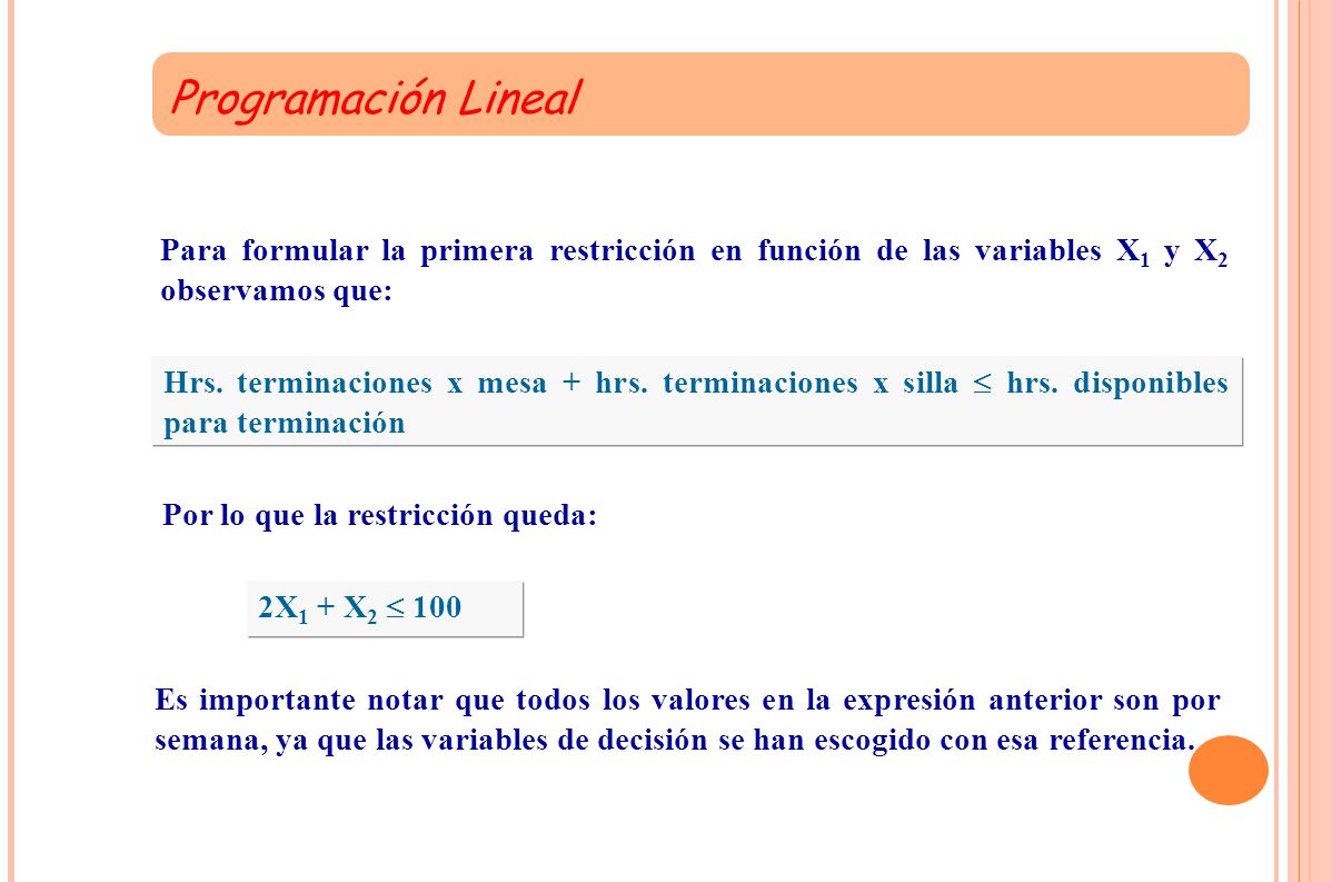 Programación Lineal Para formular la primera restricción en función de las variables X1 y X2 observamos que: