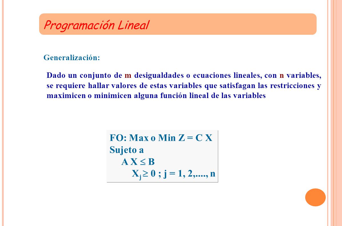 Programación Lineal FO: Max o Min Z = C X Sujeto a A X  B
