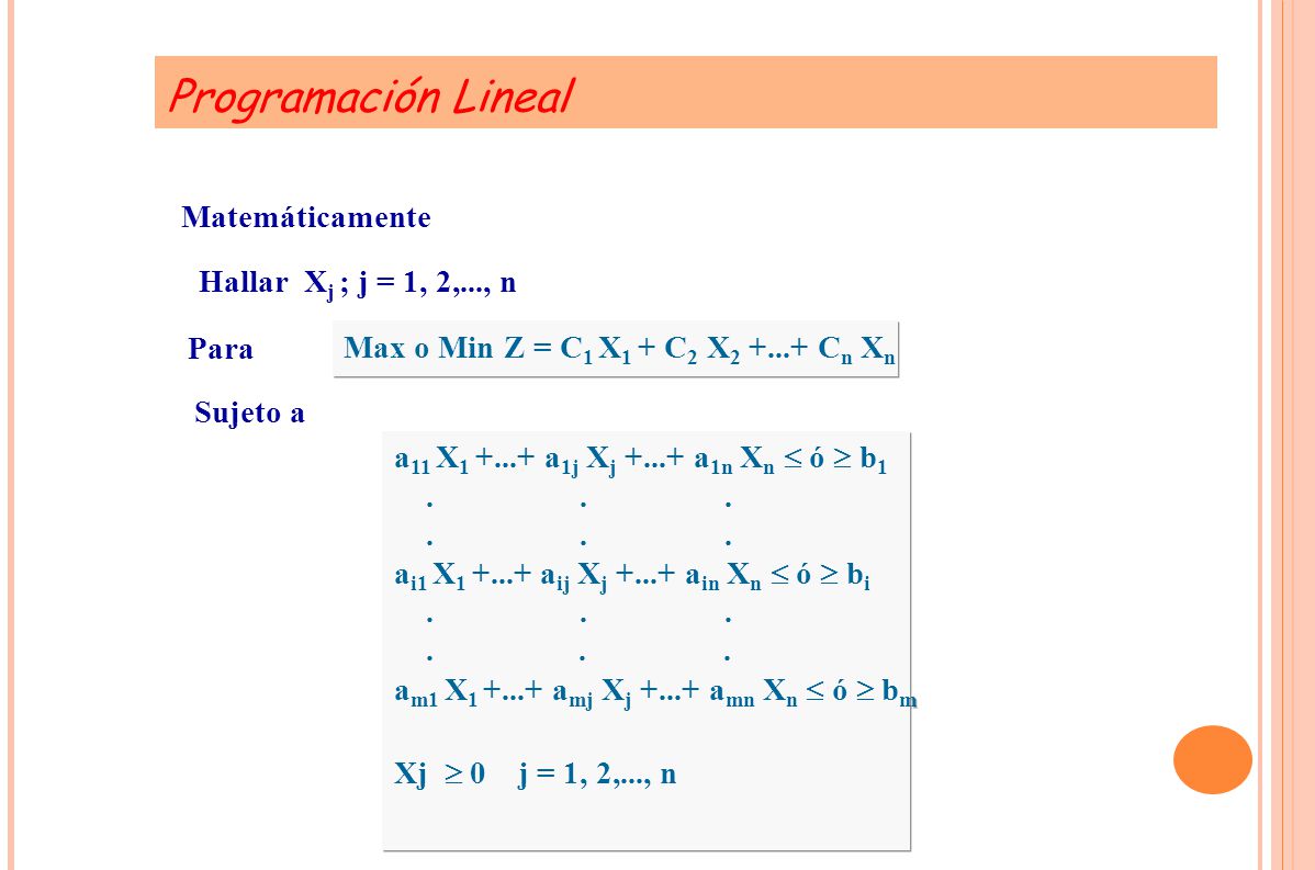 Programación Lineal Matemáticamente Hallar Xj ; j = 1, 2,..., n Para