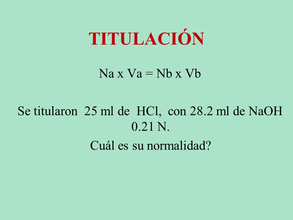 Se titularon 25 ml de HCl, con 28.2 ml de NaOH 0.21 N.