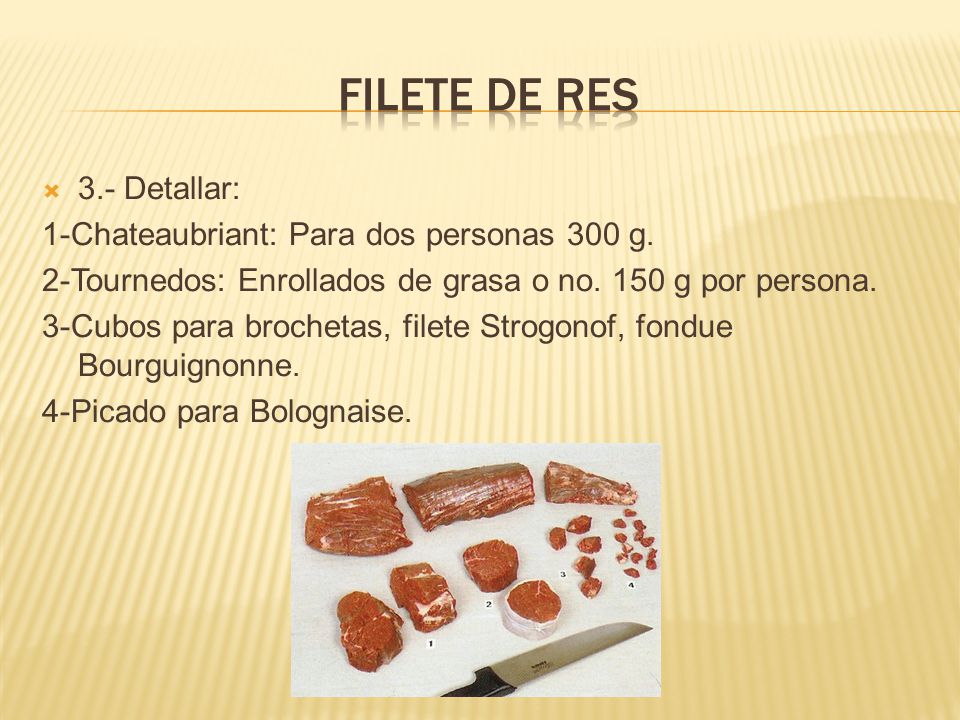 Filete de res 3.- Detallar: 1-Chateaubriant: Para dos personas 300 g.