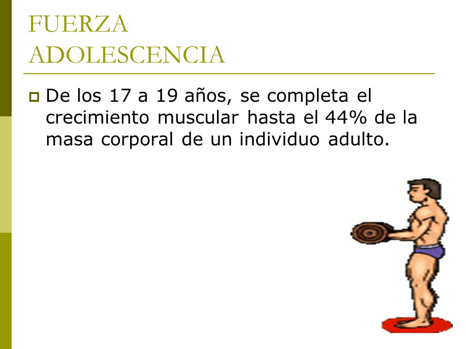 FUERZA ADOLESCENCIA De los 17 a 19 años, se completa el crecimiento muscular hasta el 44% de la masa corporal de un individuo adulto.