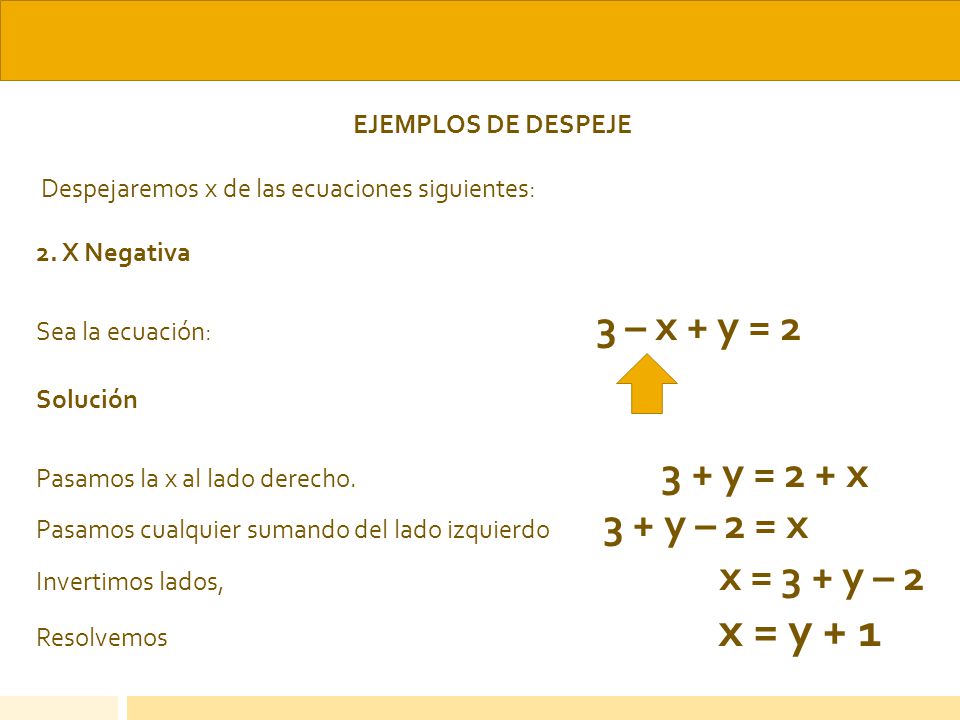 EJEMPLOS DE DESPEJE Despejaremos x de las ecuaciones siguientes: 2. X Negativa.