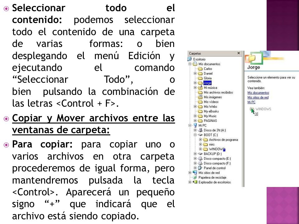 Seleccionar todo el contenido: podemos seleccionar todo el contenido de una carpeta de varias formas: o bien desplegando el menú Edición y ejecutando el comando Seleccionar Todo , o bien pulsando la combinación de las letras <Control + F>.