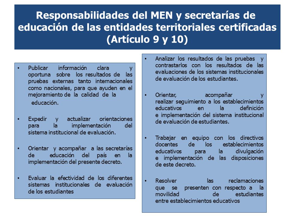 Responsabilidades del MEN y secretarías de educación de las entidades territoriales certificadas (Artículo 9 y 10)