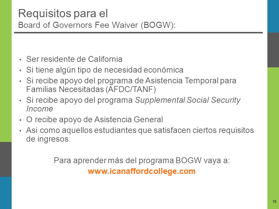 Requisitos para el Board of Governors Fee Waiver (BOGW):