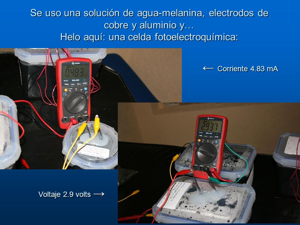Se uso una solución de agua-melanina, electrodos de cobre y aluminio y… Helo aquí: una celda fotoelectroquímica: