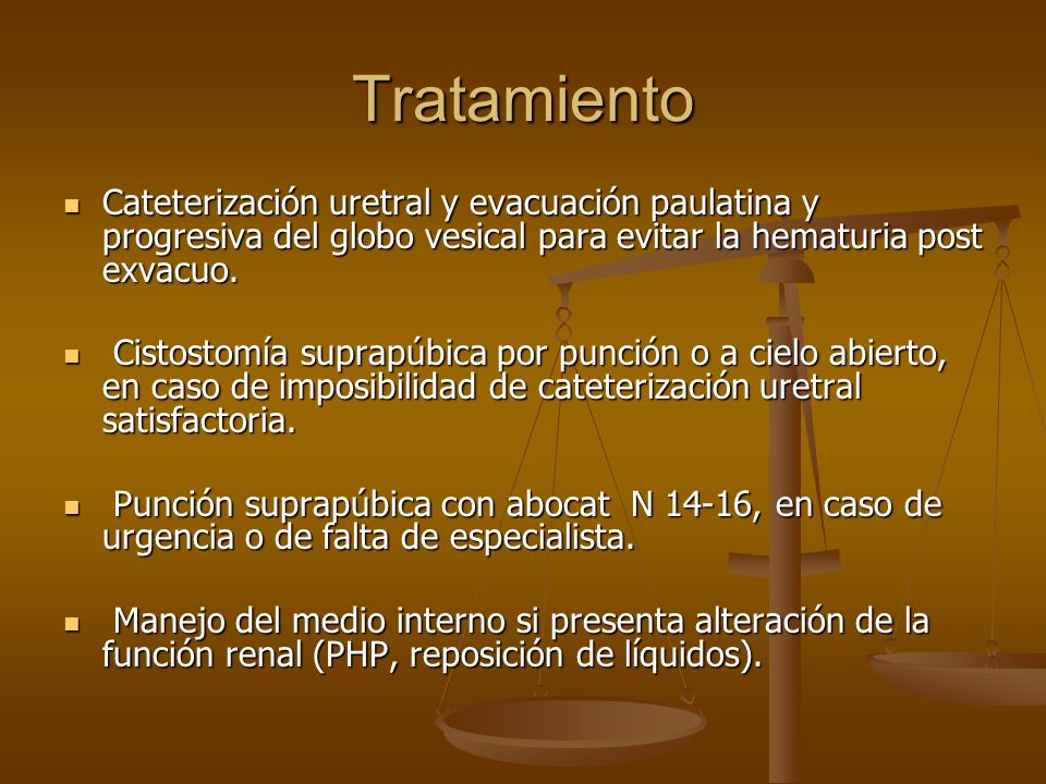 Tratamiento Cateterización uretral y evacuación paulatina y progresiva del globo vesical para evitar la hematuria post exvacuo.