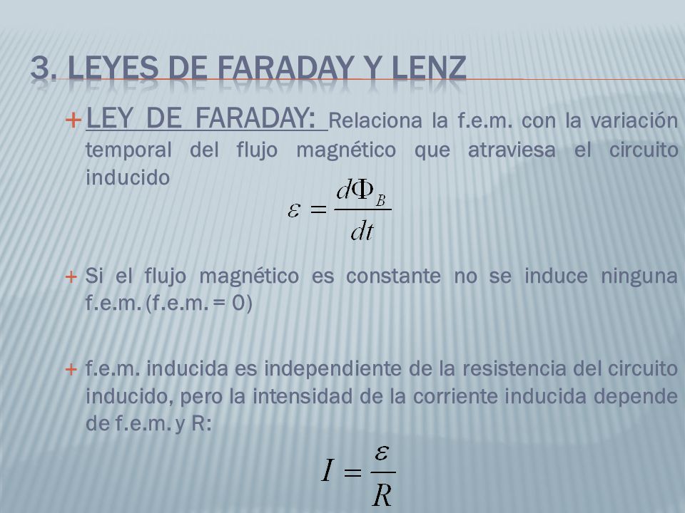 3. LEYES de faraday y LENZ LEY DE FARADAY: Relaciona la f.e.m. con la variación temporal del flujo magnético que atraviesa el circuito inducido.
