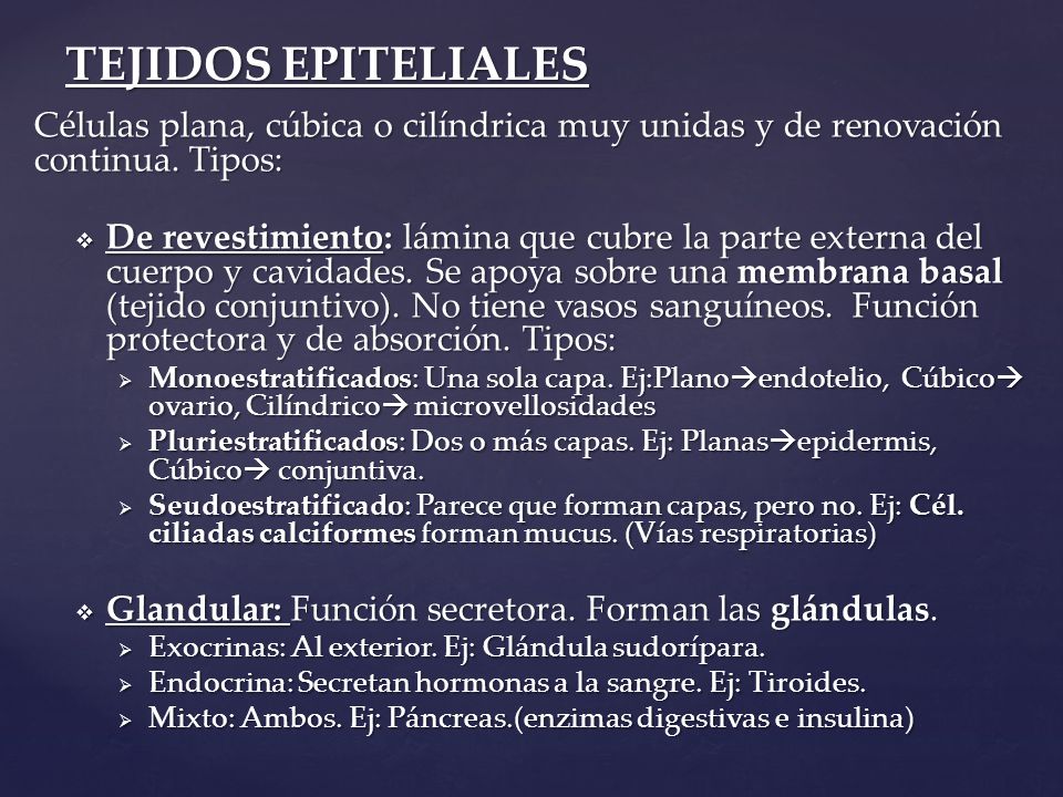 TEJIDOS EPITELIALES Células plana, cúbica o cilíndrica muy unidas y de renovación continua. Tipos: