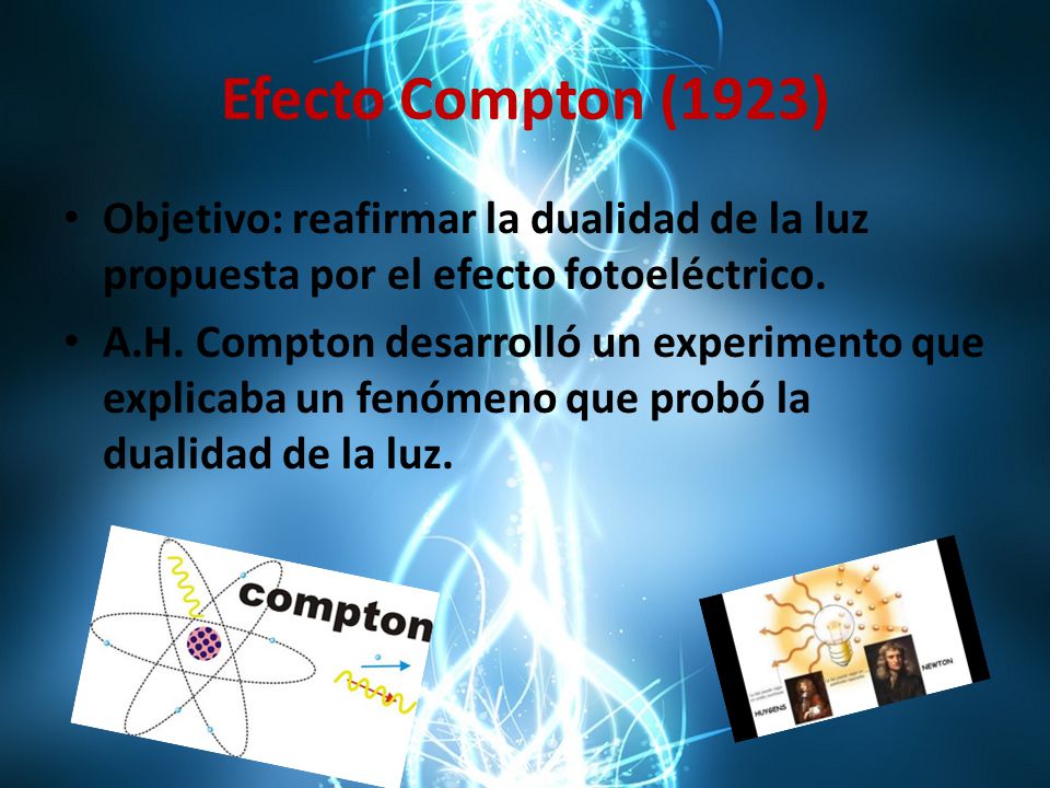 Efecto Compton (1923) Objetivo: reafirmar la dualidad de la luz propuesta por el efecto fotoeléctrico.