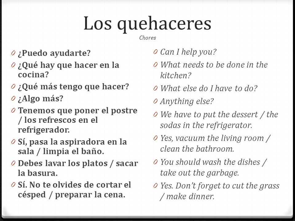 Los quehaceres Chores Can I help you ¿Puedo ayudarte