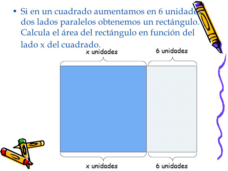 Si en un cuadrado aumentamos en 6 unidades dos lados paralelos obtenemos un rectángulo. Calcula el área del rectángulo en función del lado x del cuadrado.