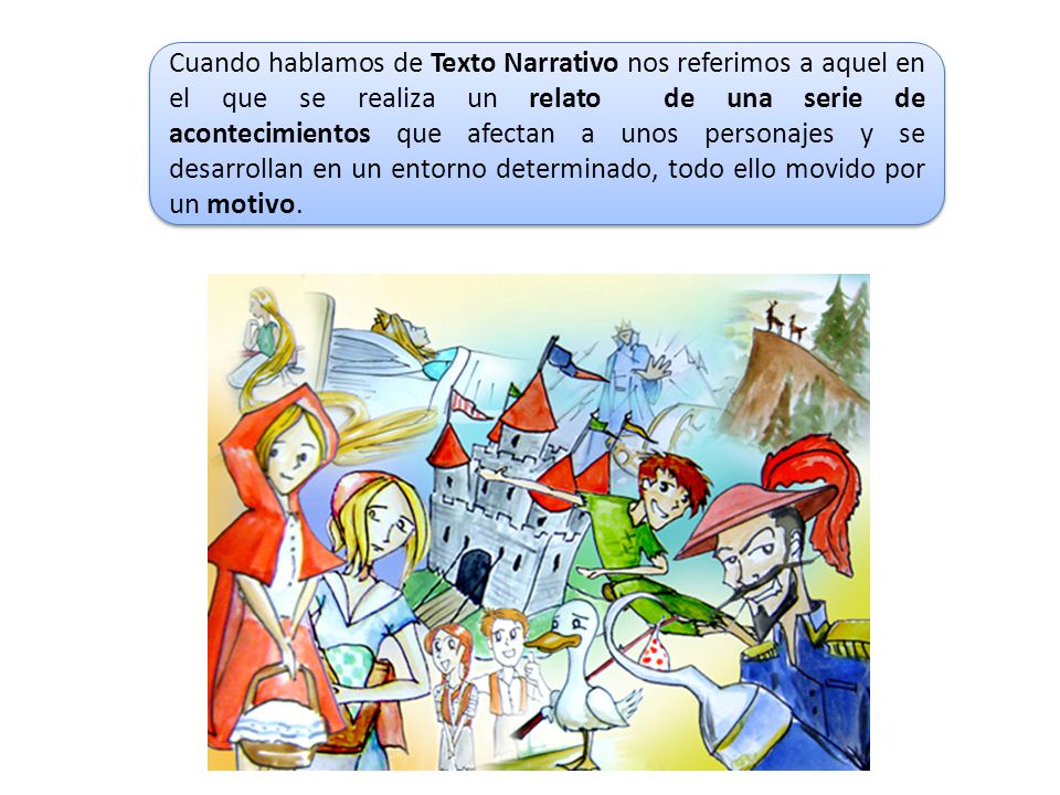 Cuando hablamos de Texto Narrativo nos referimos a aquel en el que se realiza un relato de una serie de acontecimientos que afectan a unos personajes y se desarrollan en un entorno determinado, todo ello movido por un motivo.
