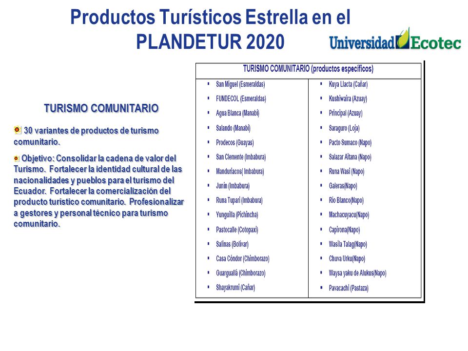 Productos Turísticos Estrella en el PLANDETUR 2020