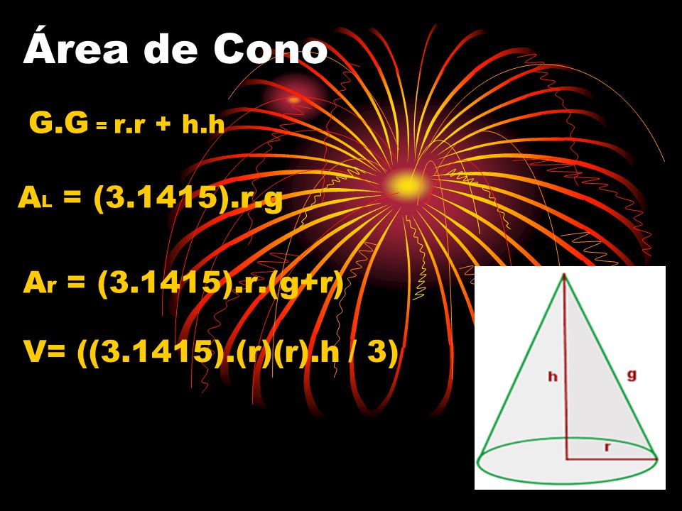 Área de Cono G.G = r.r + h.h AL = (3.1415).r.g Ar = (3.1415).r.(g+r)