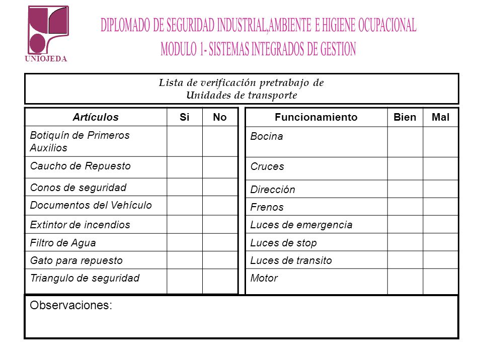 Lista de verificación pretrabajo de Unidades de transporte