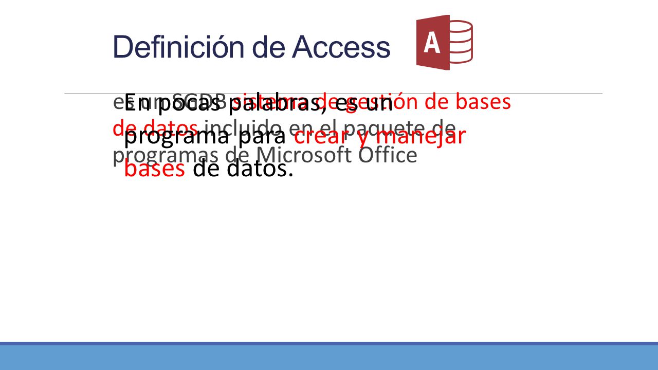 Definición de Access En pocas palabras, es un programa para crear y manejar bases de datos.