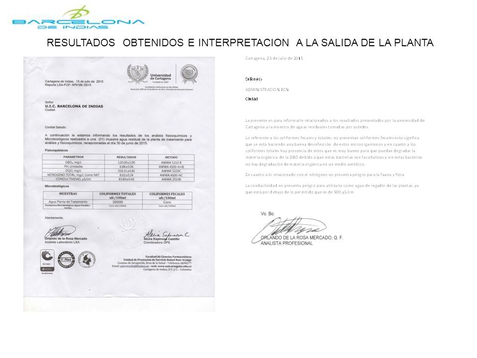 RESULTADOS OBTENIDOS E INTERPRETACION A LA SALIDA DE LA PLANTA