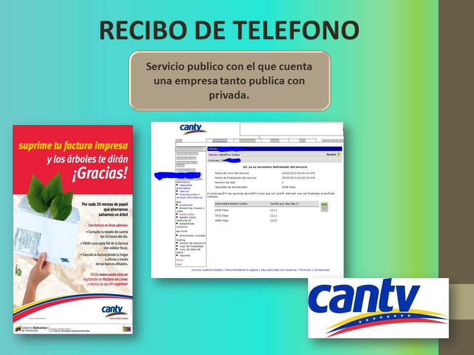 RECIBO DE TELEFONO Servicio publico con el que cuenta una empresa tanto publica con privada.