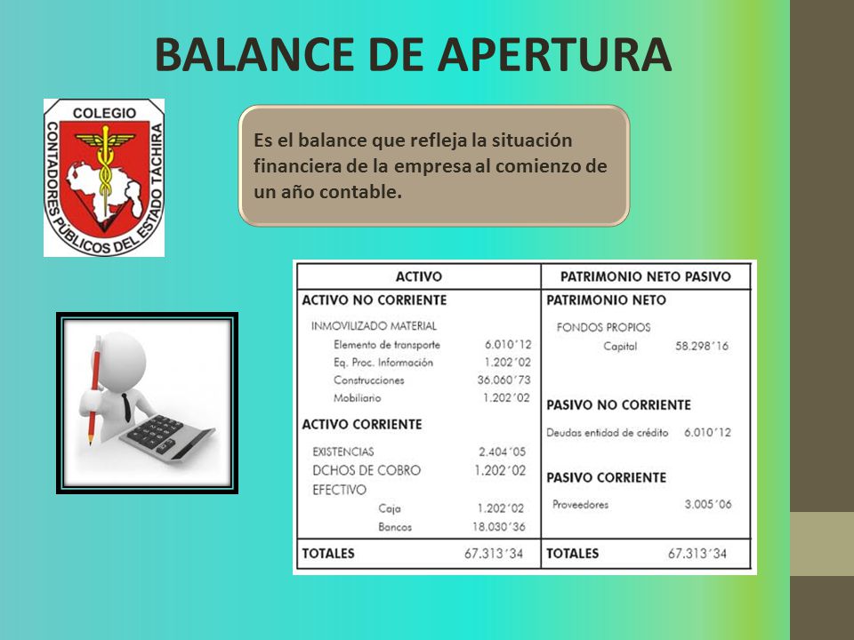 BALANCE DE APERTURA Es el balance que refleja la situación financiera de la empresa al comienzo de un año contable.