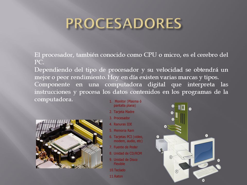 PROCESADORES El procesador, también conocido como CPU o micro, es el cerebro del PC.