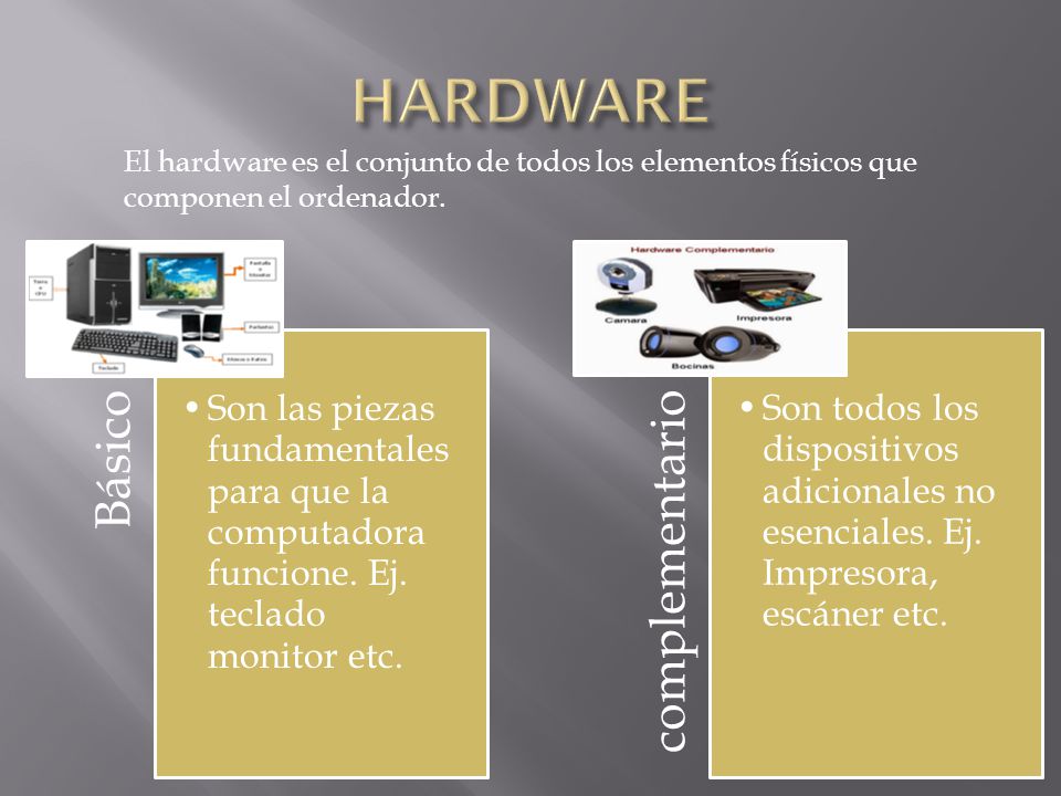 HARDWARE El hardware es el conjunto de todos los elementos físicos que componen el ordenador. Básico.