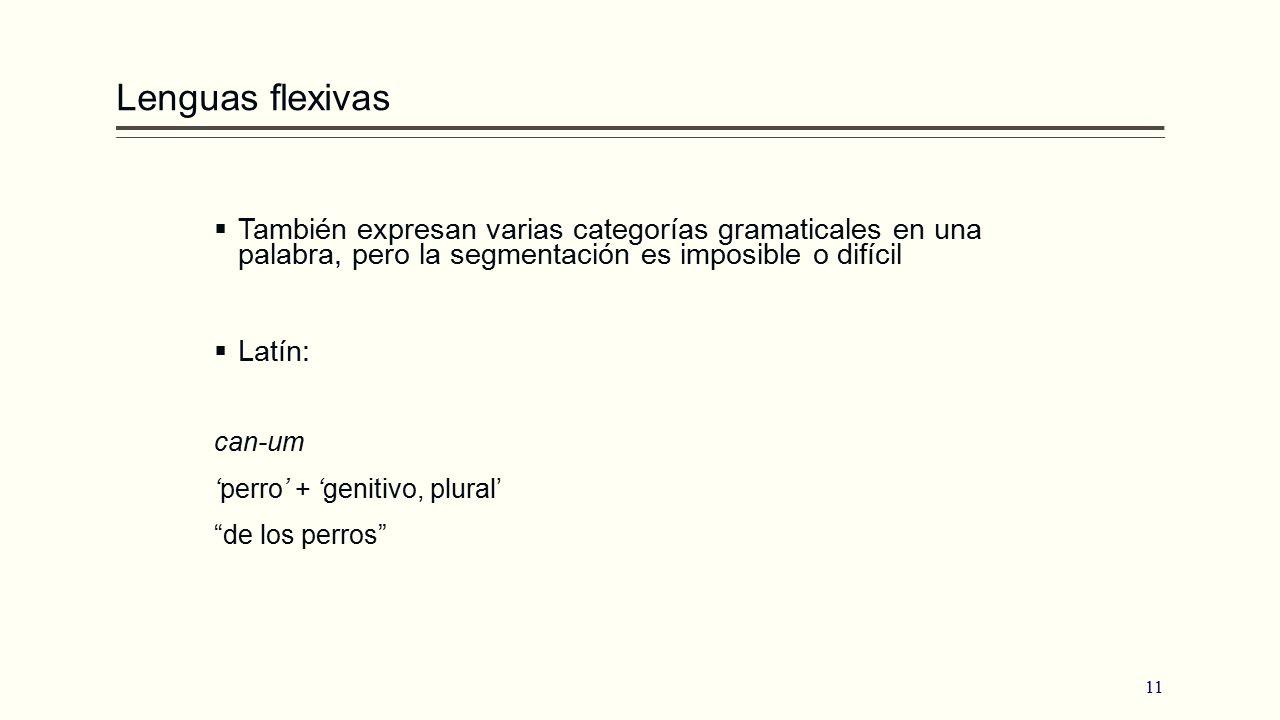 Lenguas flexivas También expresan varias categorías gramaticales en una palabra, pero la segmentación es imposible o difícil.