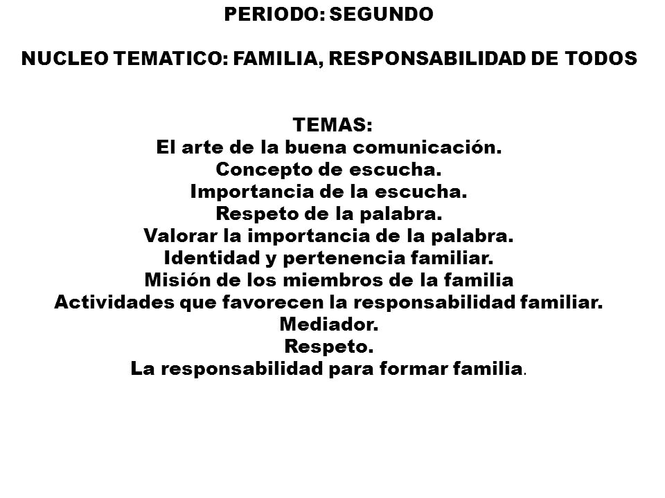 PERIODO: SEGUNDO NUCLEO TEMATICO: FAMILIA, RESPONSABILIDAD DE TODOS TEMAS: El arte de la buena comunicación.