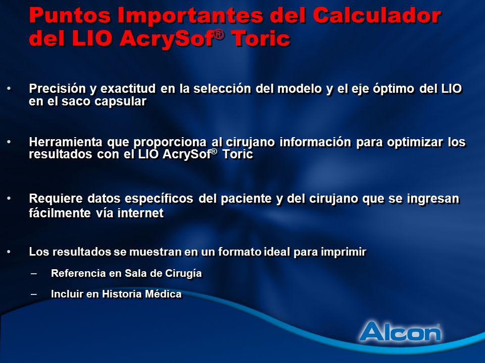 Puntos Importantes del Calculador del LIO AcrySof® Toric