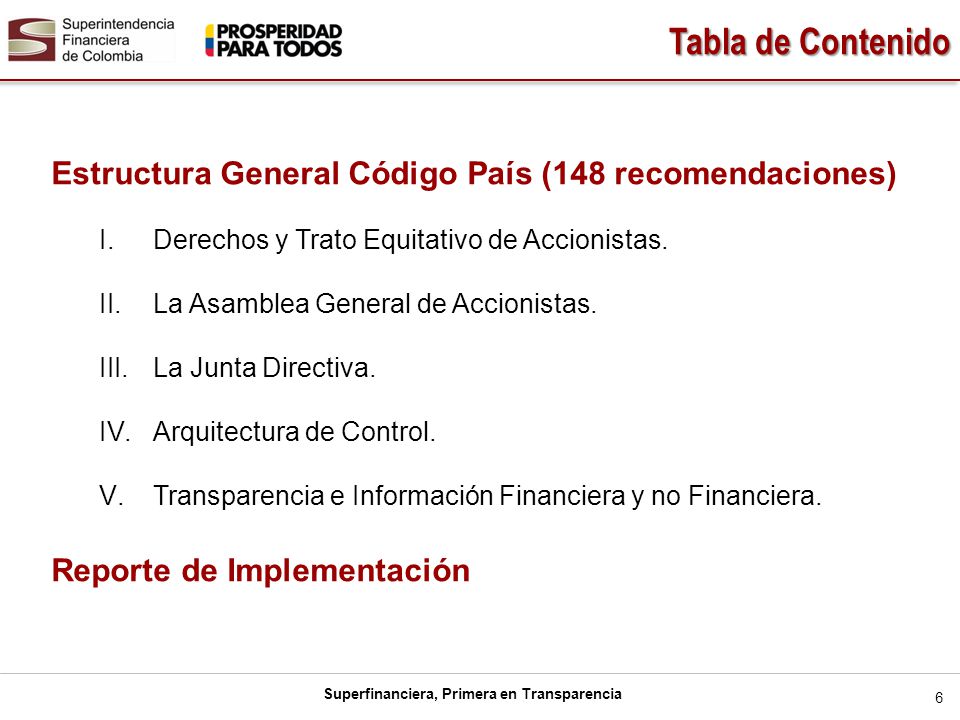Tabla de Contenido Estructura General Código País (148 recomendaciones) Derechos y Trato Equitativo de Accionistas.