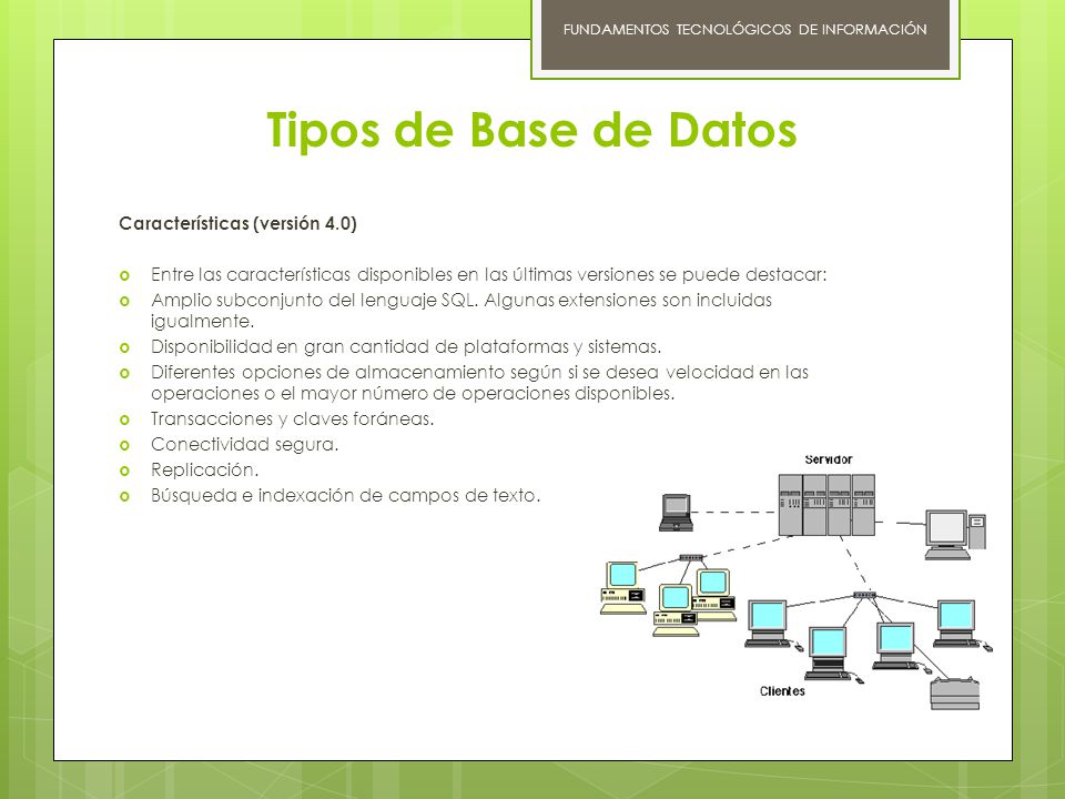 Tipos de Base de Datos Características (versión 4.0)