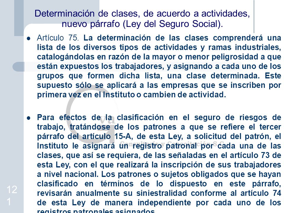 Determinación de clases, de acuerdo a actividades, nuevo párrafo (Ley del Seguro Social).