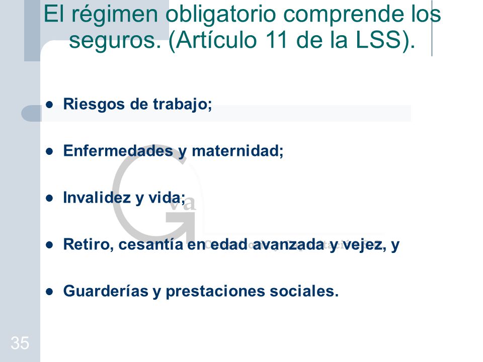 El régimen obligatorio comprende los seguros. (Artículo 11 de la LSS).