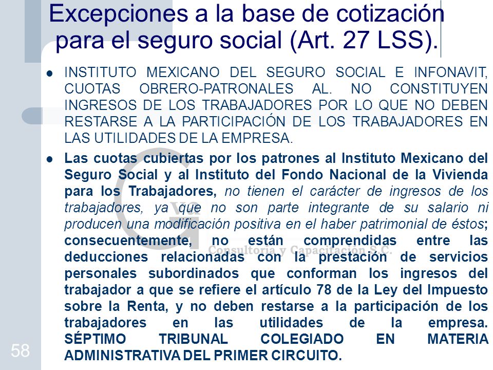 Excepciones a la base de cotización para el seguro social (Art. 27 LSS).