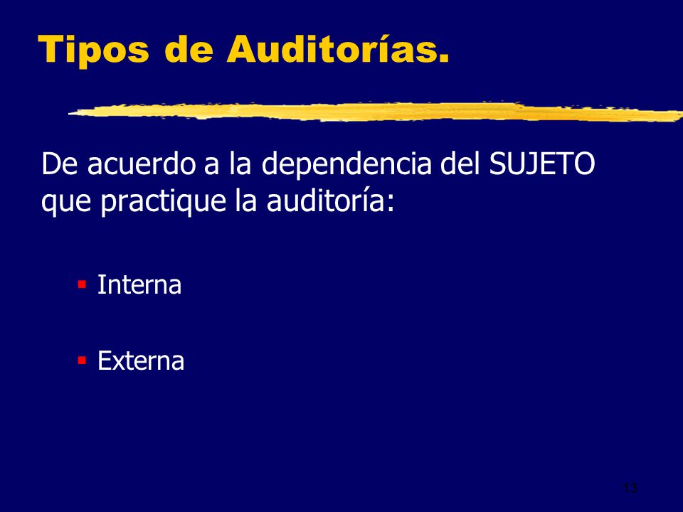 Tipos de Auditorías. De acuerdo a la dependencia del SUJETO que practique la auditoría: Interna.