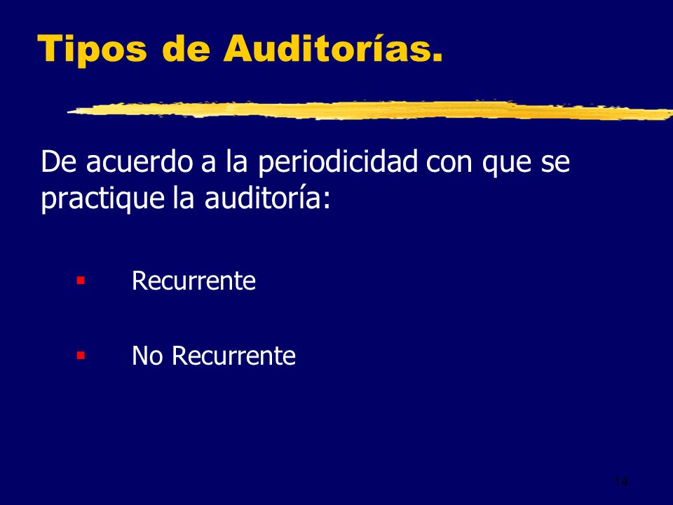 Tipos de Auditorías. De acuerdo a la periodicidad con que se practique la auditoría: Recurrente.