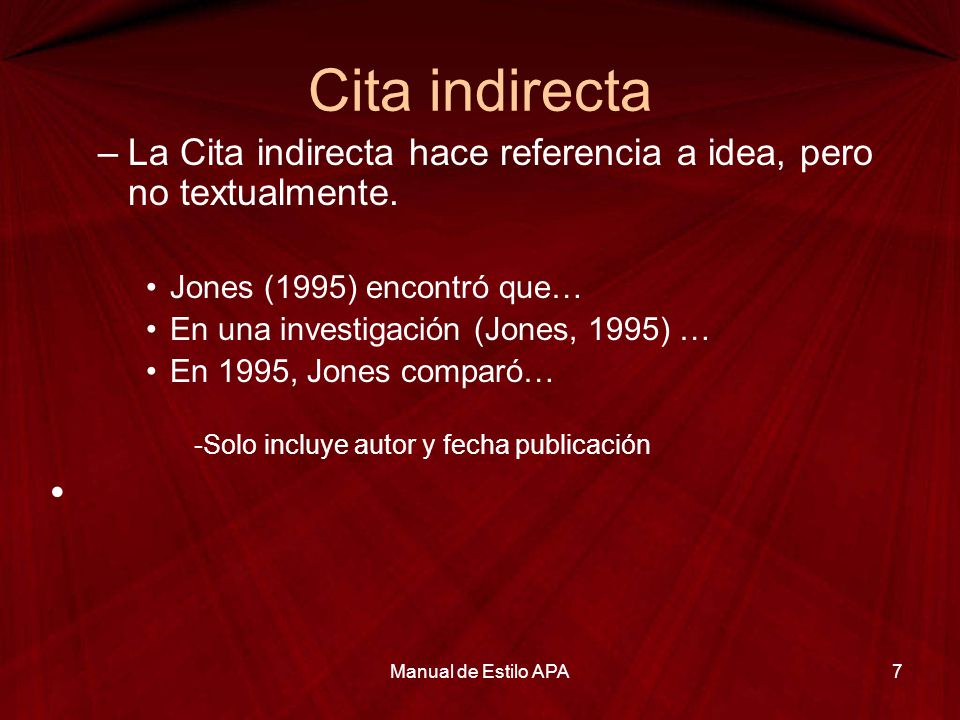 Cita indirecta La Cita indirecta hace referencia a idea, pero no textualmente. Jones (1995) encontró que…