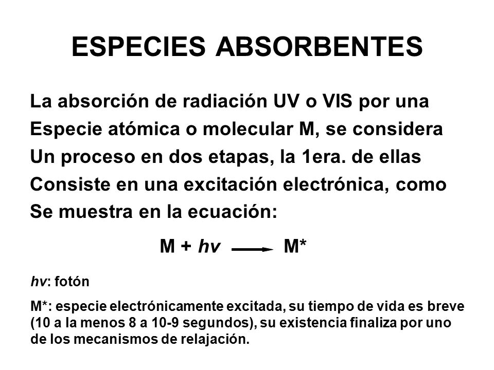 ESPECIES ABSORBENTES La absorción de radiación UV o VIS por una
