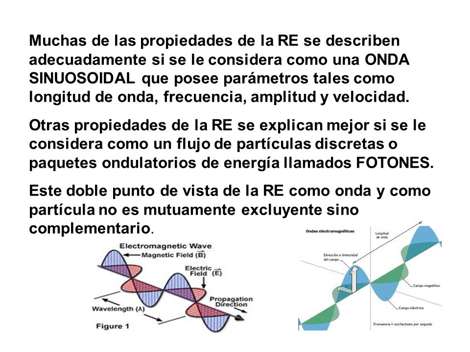 Muchas de las propiedades de la RE se describen adecuadamente si se le considera como una ONDA SINUOSOIDAL que posee parámetros tales como longitud de onda, frecuencia, amplitud y velocidad.