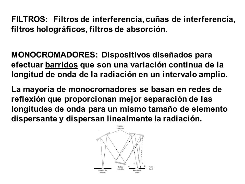 FILTROS: Filtros de interferencia, cuñas de interferencia, filtros holográficos, filtros de absorción.