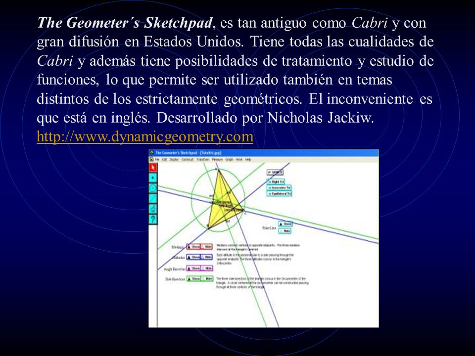 The Geometer´s Sketchpad, es tan antiguo como Cabri y con gran difusión en Estados Unidos.
