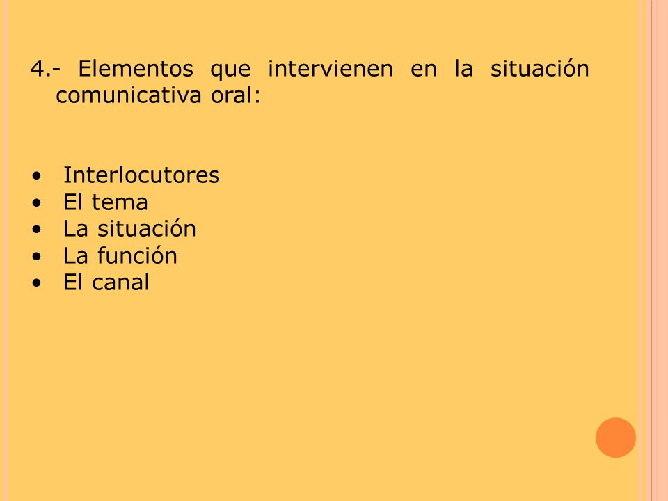 4.- Elementos que intervienen en la situación comunicativa oral: