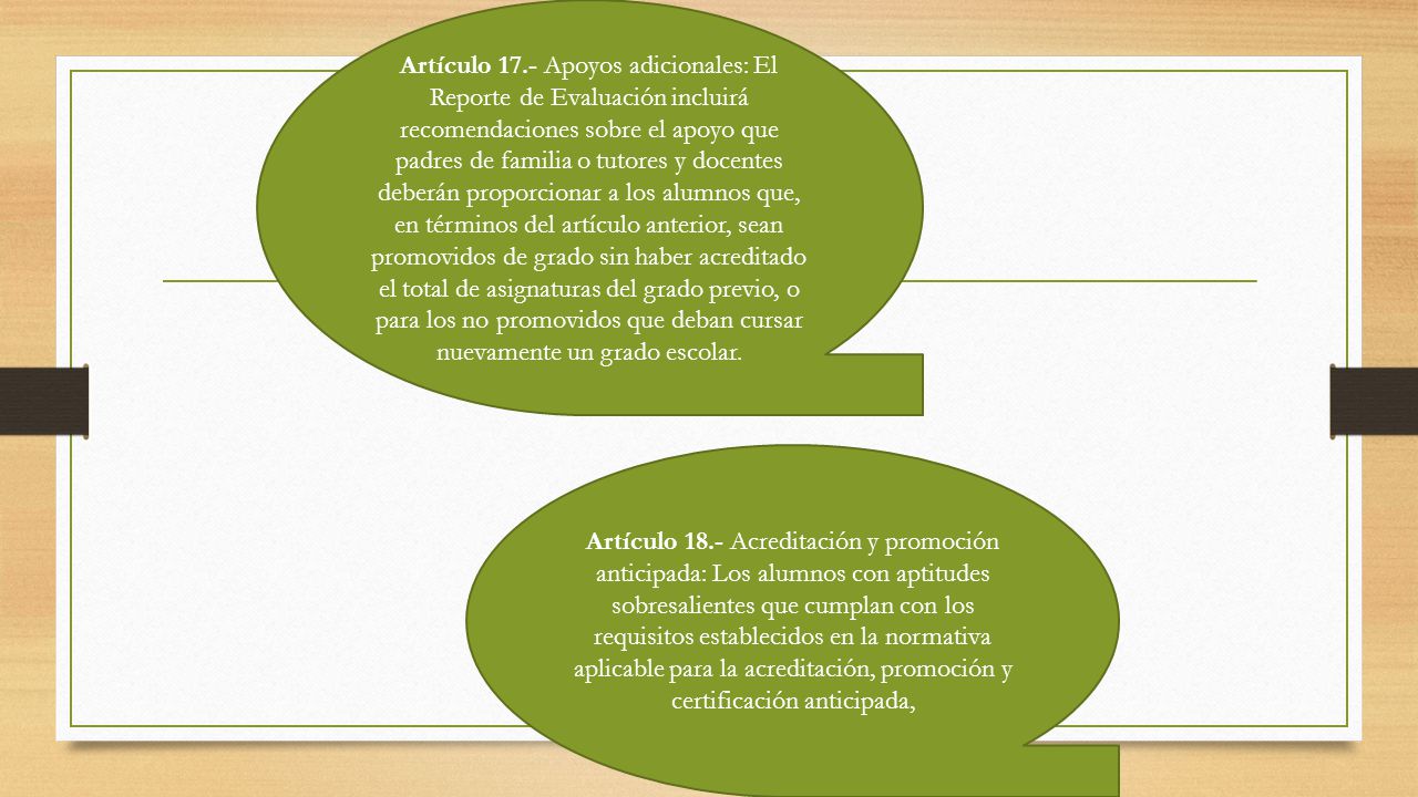 Artículo 17.- Apoyos adicionales: El Reporte de Evaluación incluirá recomendaciones sobre el apoyo que padres de familia o tutores y docentes deberán proporcionar a los alumnos que, en términos del artículo anterior, sean promovidos de grado sin haber acreditado el total de asignaturas del grado previo, o para los no promovidos que deban cursar nuevamente un grado escolar.