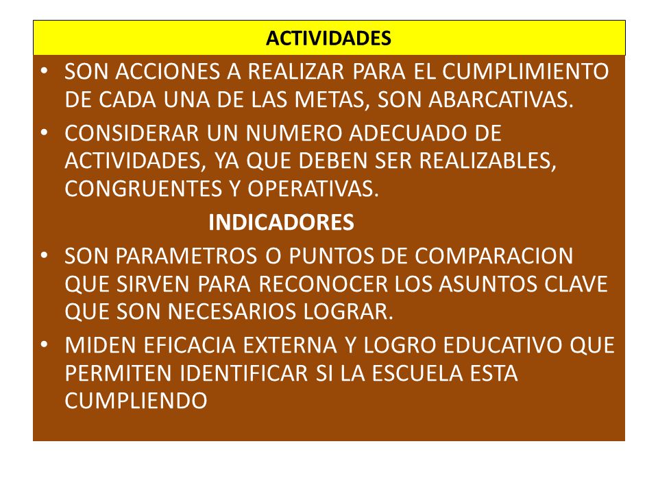 ACTIVIDADES SON ACCIONES A REALIZAR PARA EL CUMPLIMIENTO DE CADA UNA DE LAS METAS, SON ABARCATIVAS.