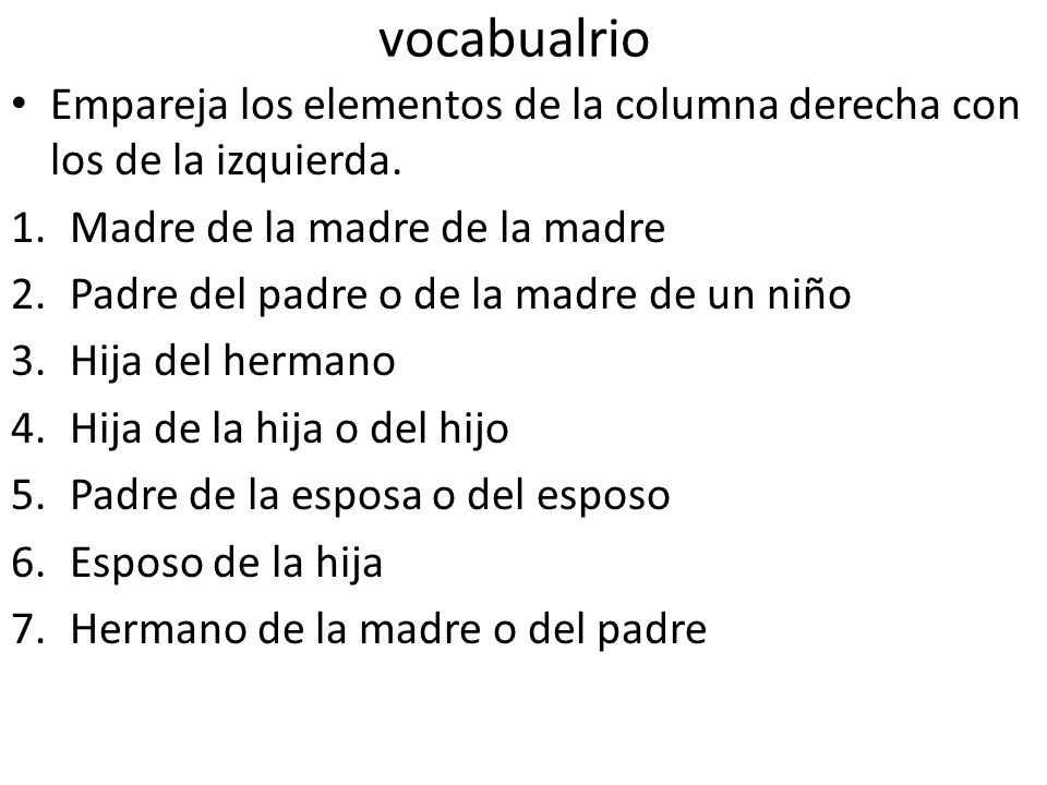 vocabualrio Empareja los elementos de la columna derecha con los de la izquierda. Madre de la madre de la madre.