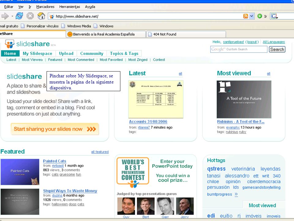 Pinchar sobre My Slidespace, se muestra la página de la siguiente diapositiva.