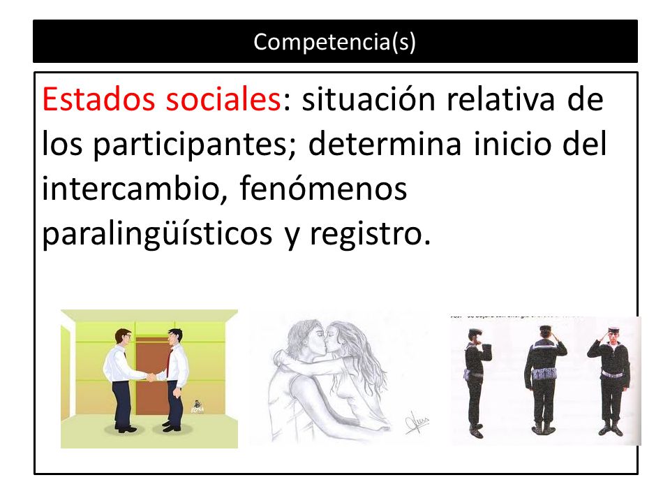 Competencia(s) Estados sociales: situación relativa de los participantes; determina inicio del intercambio, fenómenos paralingüísticos y registro.
