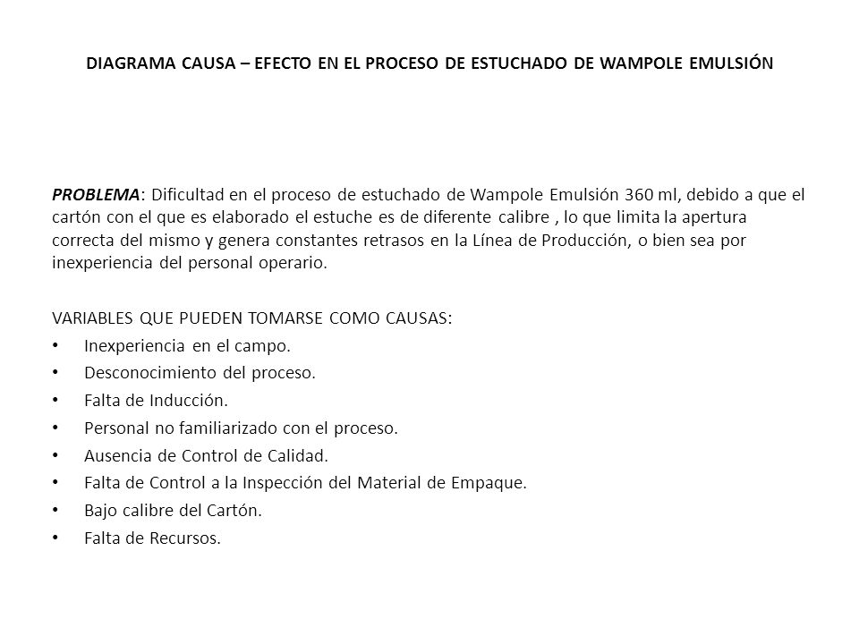 DIAGRAMA CAUSA – EFECTO EN EL PROCESO DE ESTUCHADO DE WAMPOLE EMULSIÓN