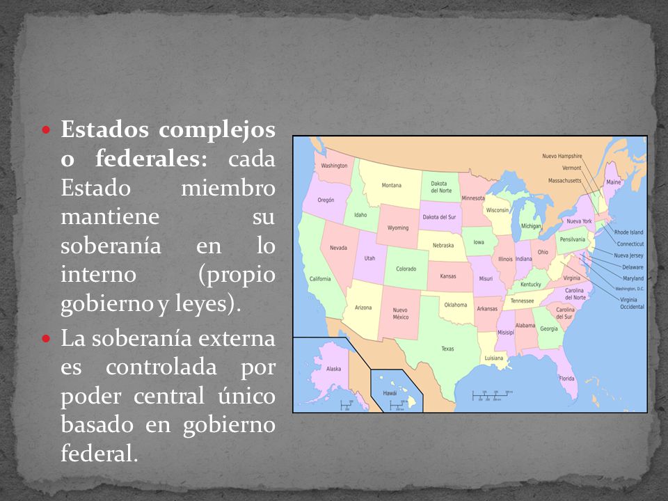Estados complejos o federales: cada Estado miembro mantiene su soberanía en lo interno (propio gobierno y leyes).